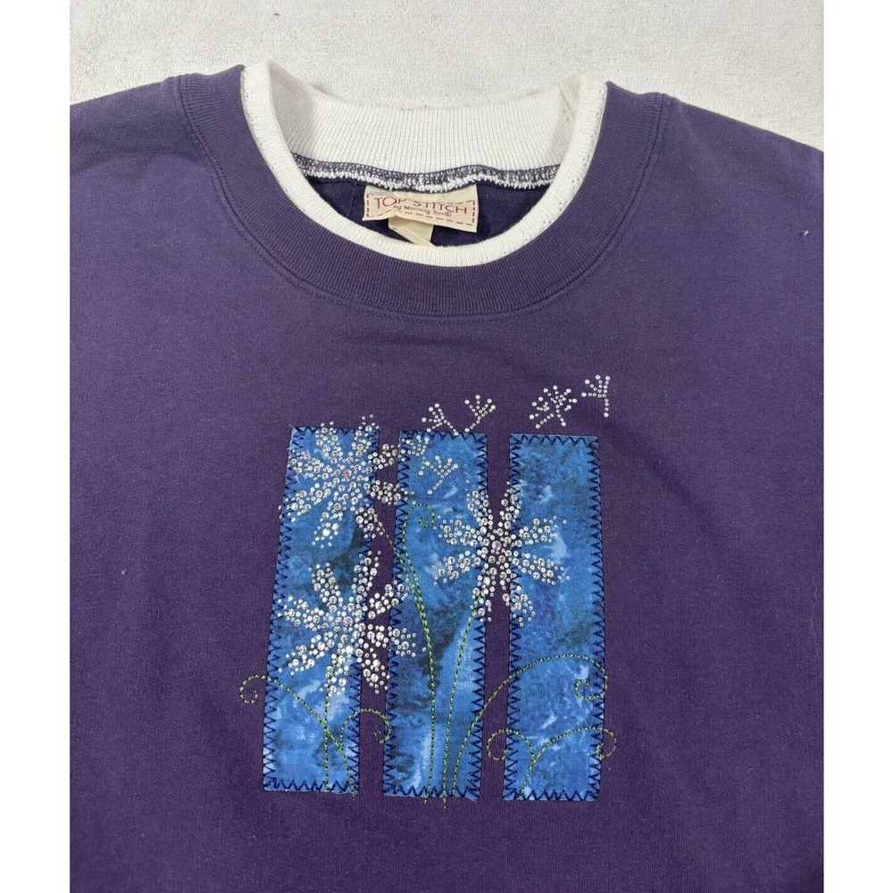 Top Stitch By Morning Sun Vintage Purple Rhinestone Flower Print Crewneck Sz XL